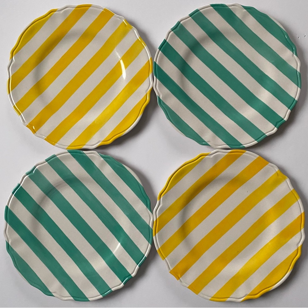 Melamine Dinner Plates 11” Set Of 4 Jai Wei green yellow and white striped EUC